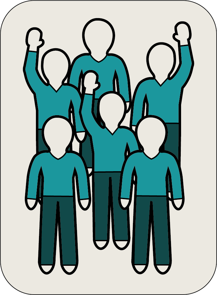 An image depicting a group of people with some having a raised hand whilst others have their hands down.