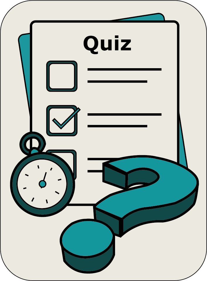 Image of a quiz sheet with a ticked answer box.
In front of this is a stopwatch leaning on the sheet and a laid question mark. 