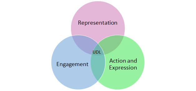 Venn diagram with three circles. Representation, engagement and action and expression. where all three meet is UDL